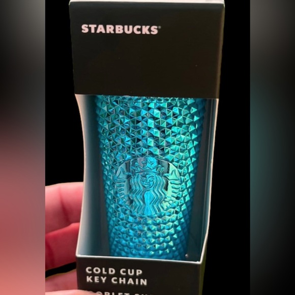 Starbucks Blue Metallic Chrome Studded Keychain FOB Bling Ornament Cup Ornament - Picture 5 of 6